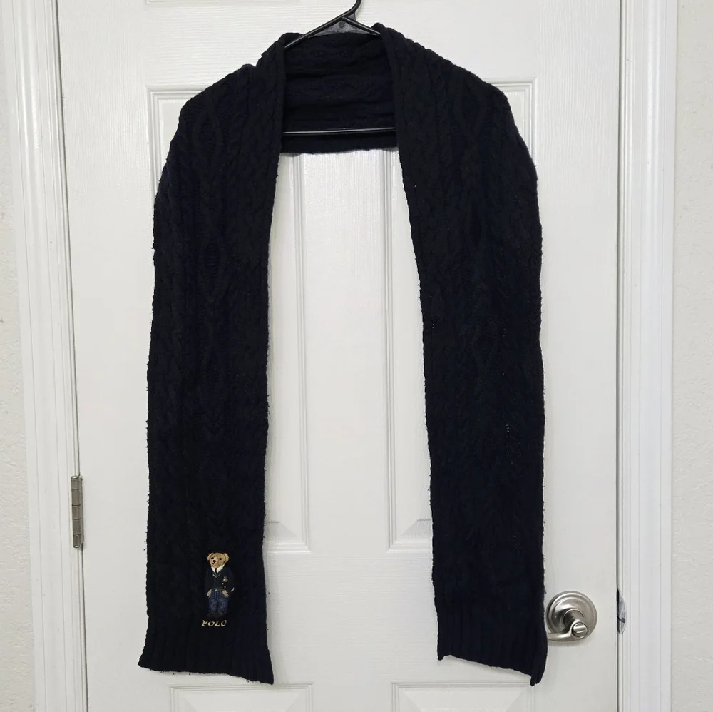 Polo Ralph Lauren Aran St. Andrew Bear Scarf Embroidered Navy Blue Cable Knit
